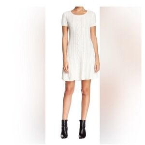 CECE Cream White Cable Knit Short Sleeve Scoop Neck Flare Sweater Dress Medium